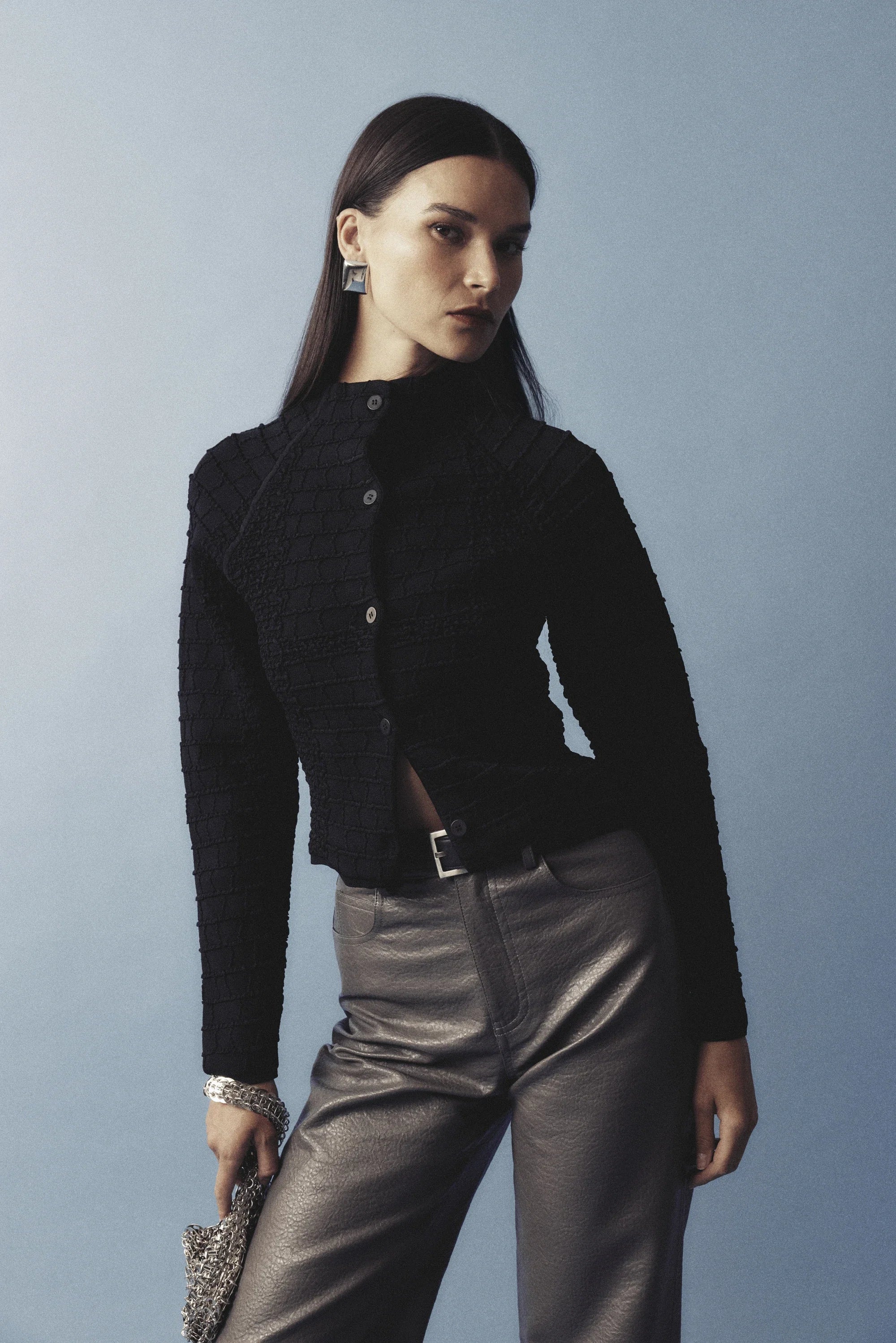Carter Cardigan - Mossman | Black Crocodile Texture Knit Top | Image 2
