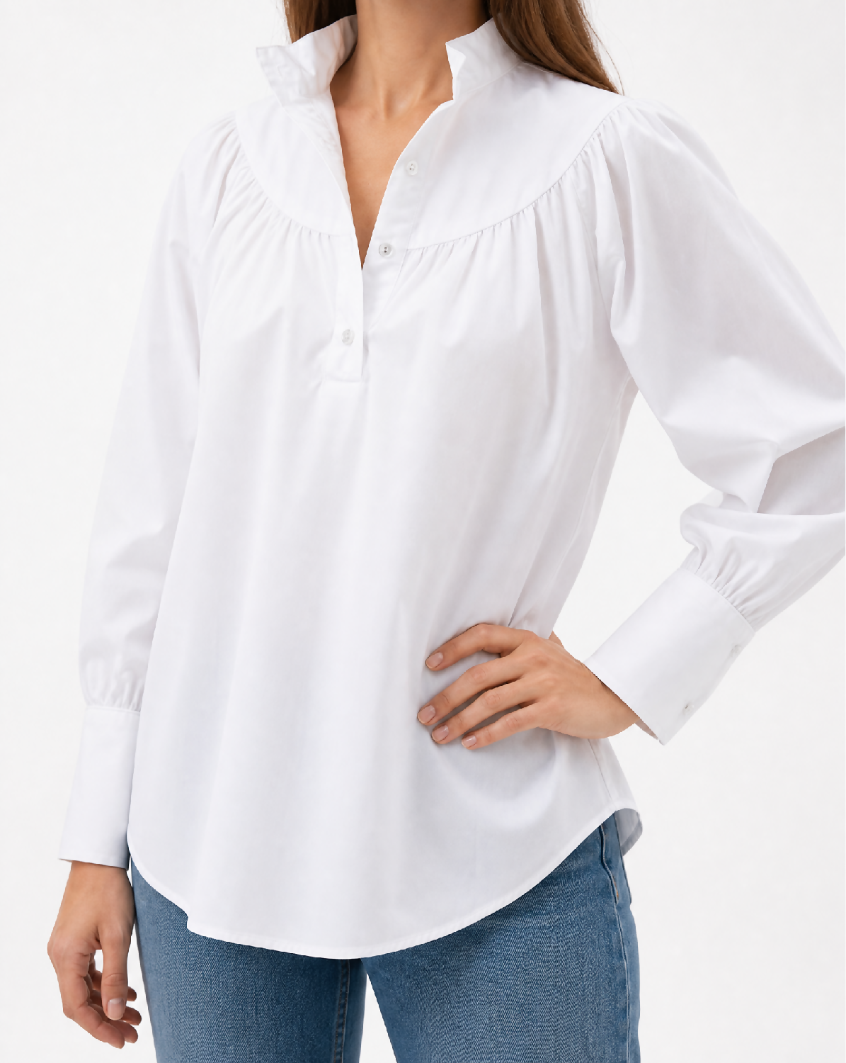 Generated with Kive.ai - White gathered-collar shirt_ exact shirt identity. Polished editorial fashion photograph_ cropped from below the neck to mid-thigh so no face or facial featur