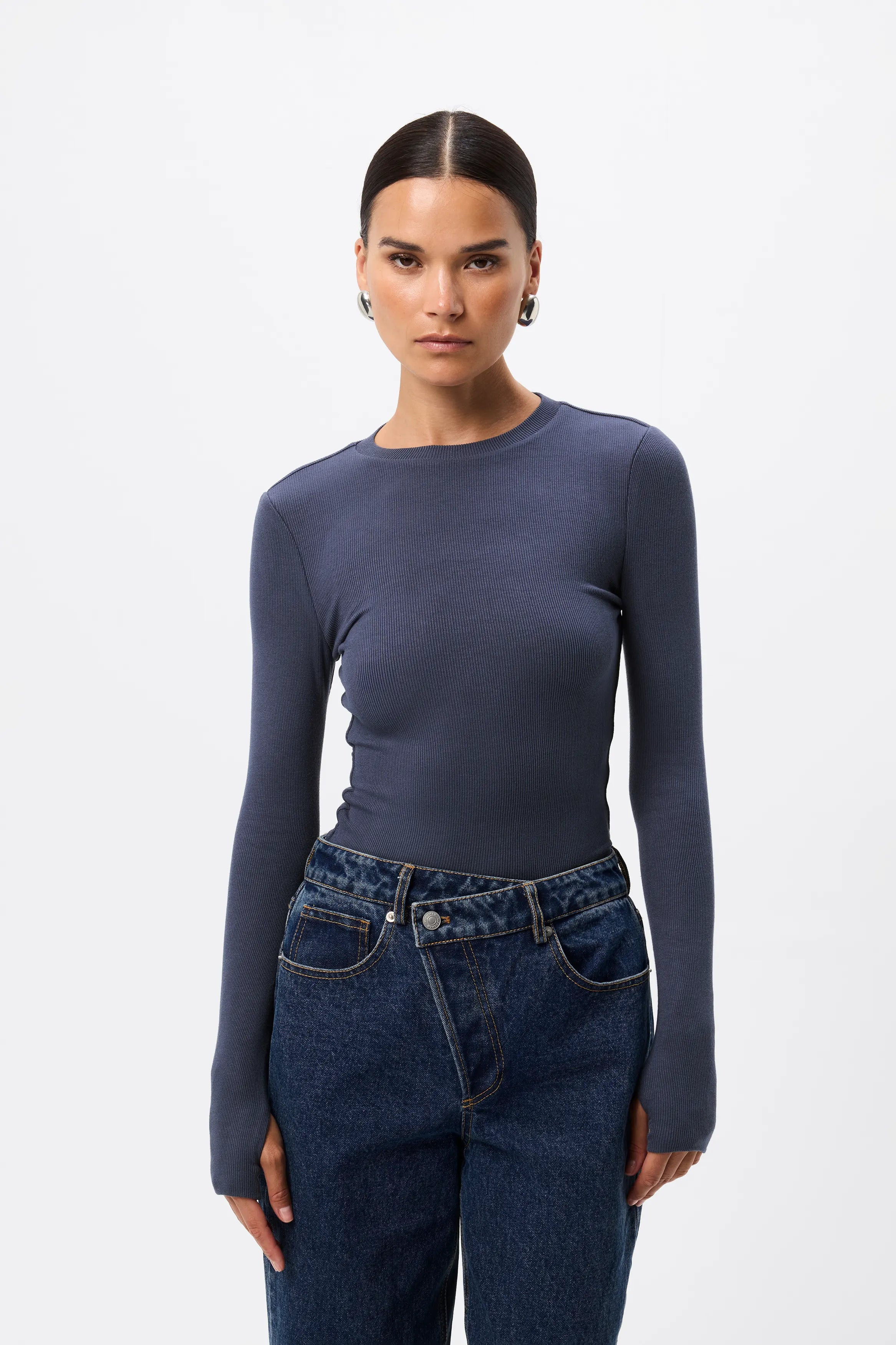 The Brooklyn Top - Mossman | Blue Ribbed Jersey Top | Image 1