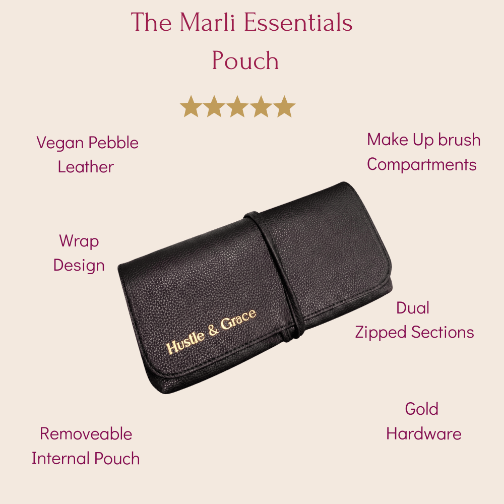 Marli Essentials Pouch in Charcoal with gold Hustle & Grace clasp detail on a blush background