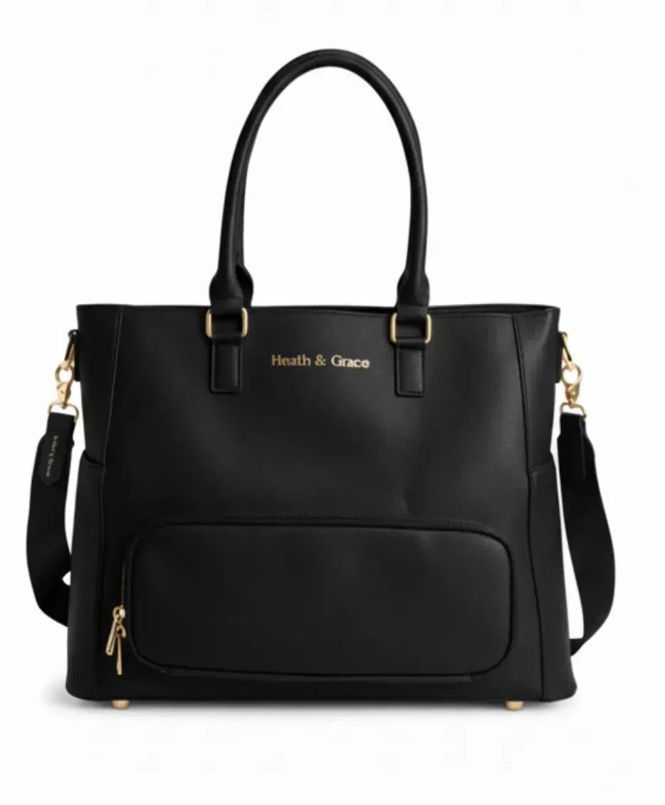 Embossed Hustle & Grace gold logo on Charcoal Iluka Tote crossbody strap