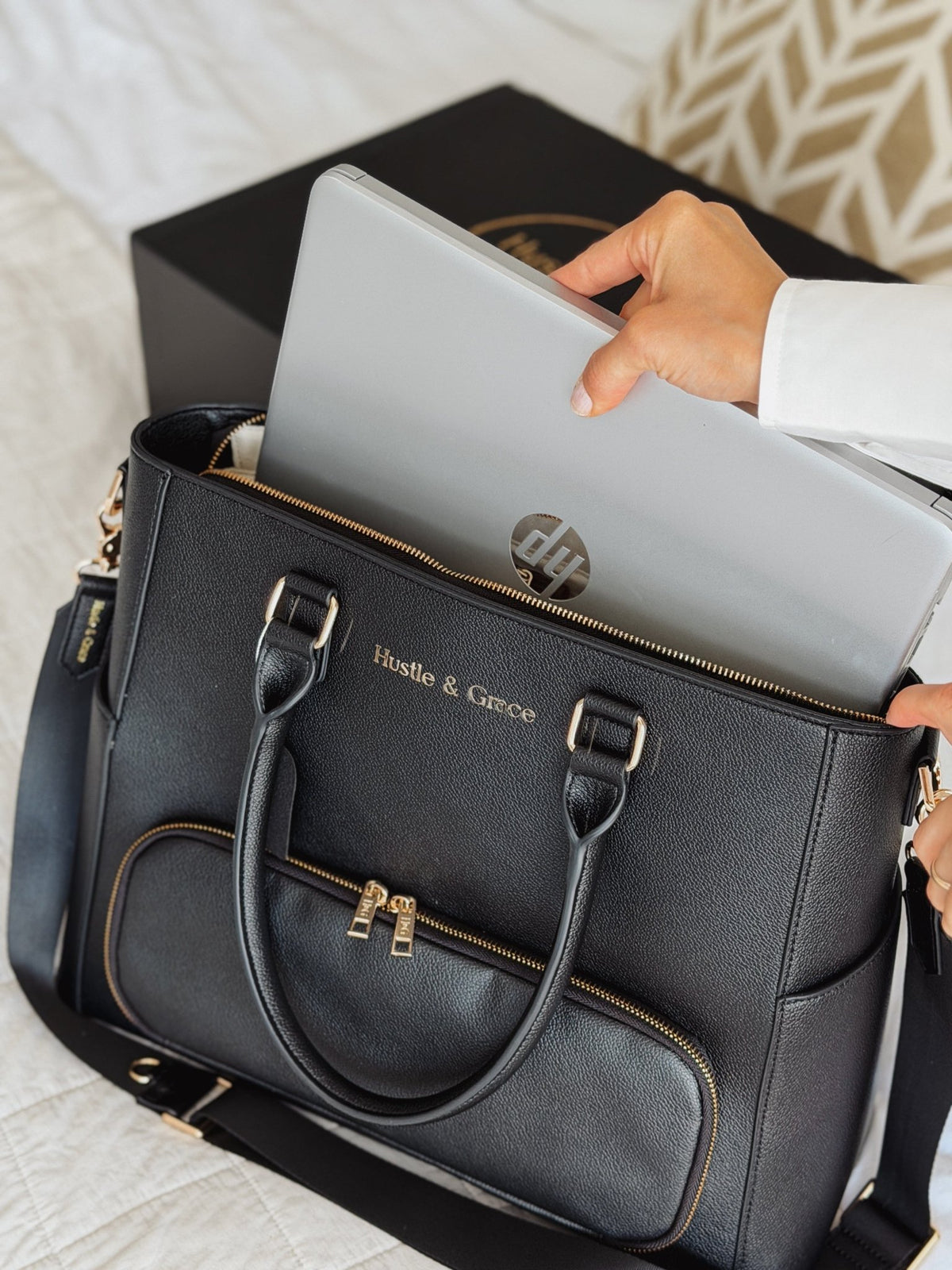 Padded 16-inch laptop sleeve in the Charcoal Iluka Executive Tote — vegan leather laptop tote bag