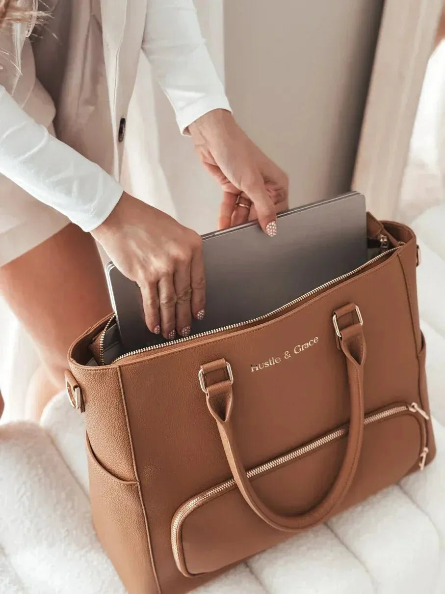 Padded 16-inch laptop sleeve in the Driftwood Iluka Executive Tote — vegan leather laptop tote bag
